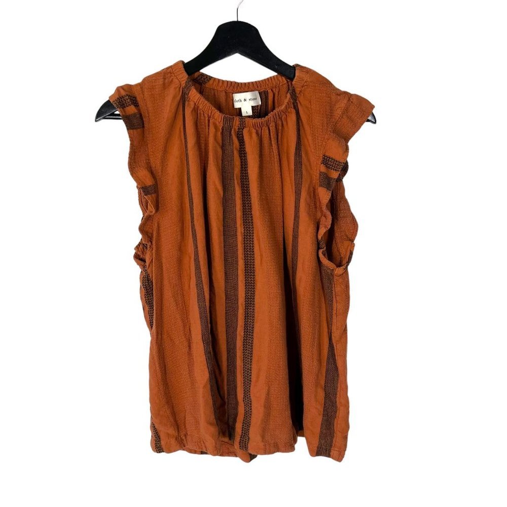 Cloth Stone Rusty Brown Stripe Linen Blend High Neck Sleeveless Top Large